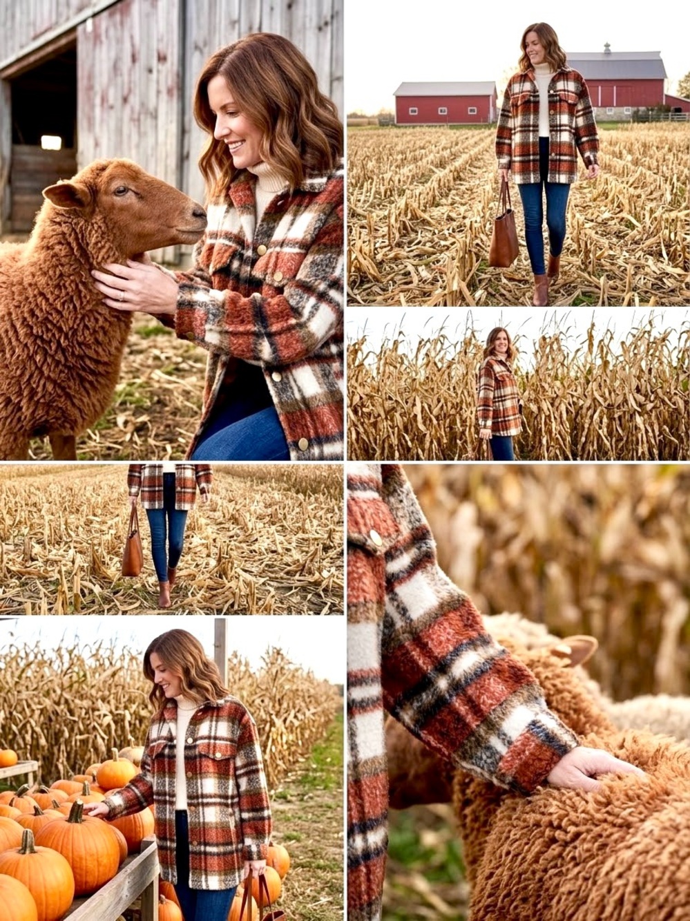 Zara Plaid Teddy Shacket Jacket in Orange, Cream & Brown - Size M